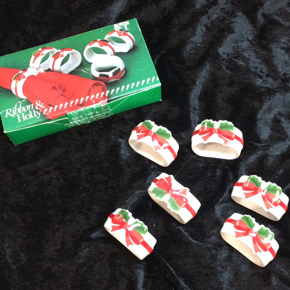 Vintage Ribbon and Holly napkin rings set of 12